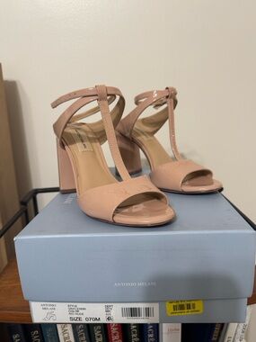 ANTONIO MELANI Nude Blush Patent T-Strap Block Heels